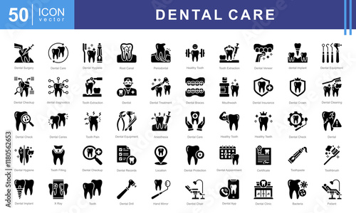 Dental Care icon set with health, teeth, maintenance, disorders, dentistry, surgery, oral, hygiene, treatment and caries.