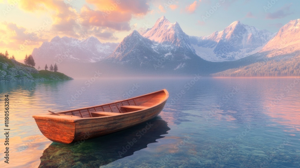 Serene sunrise over mountain lake with rowboat. Serene sunrise over mountain lake with rowboat.