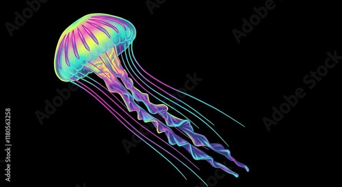 Vibrant Neon Jellyfish Ocean Life Underwater Aquatic Marine Animal Bioluminescent Glowing Colorful photo