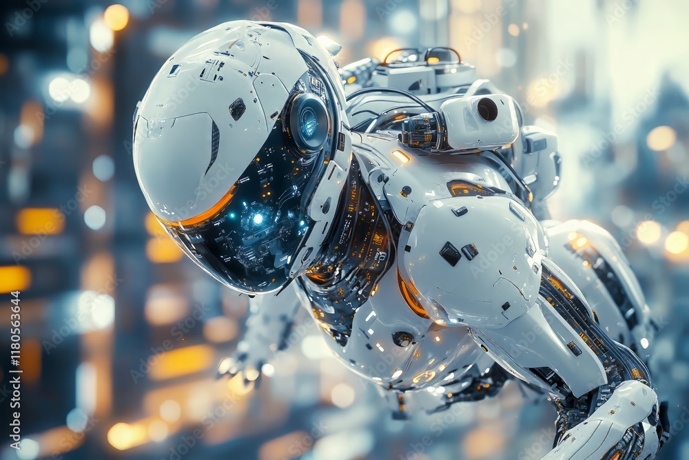 Fototapeta premium Futuristic robot in a high-tech environment, a close-up shot with a blurred background of digital and mechanical elements. - Generative AI