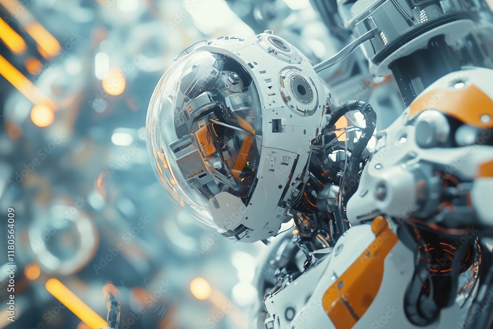 Futuristic robot in a high-tech environment, a close-up shot with a blurred background of digital and mechanical elements. - Generative AI Futuristic robot in a high-tech environment, a close-up shot with a blurred background of digital and mechanical elements. - Generative AI