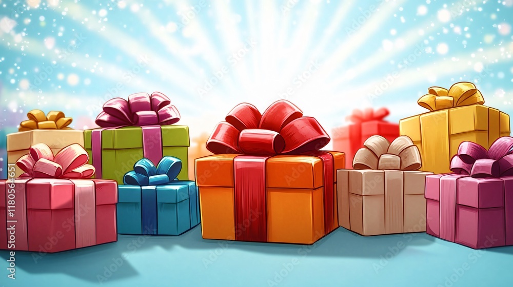 Fototapeta premium Festive arrangement of colorful gift boxes perfect for celebrations, holidays, or promotional events. Ideal for invitations, greeting cards, and marketing materials.
