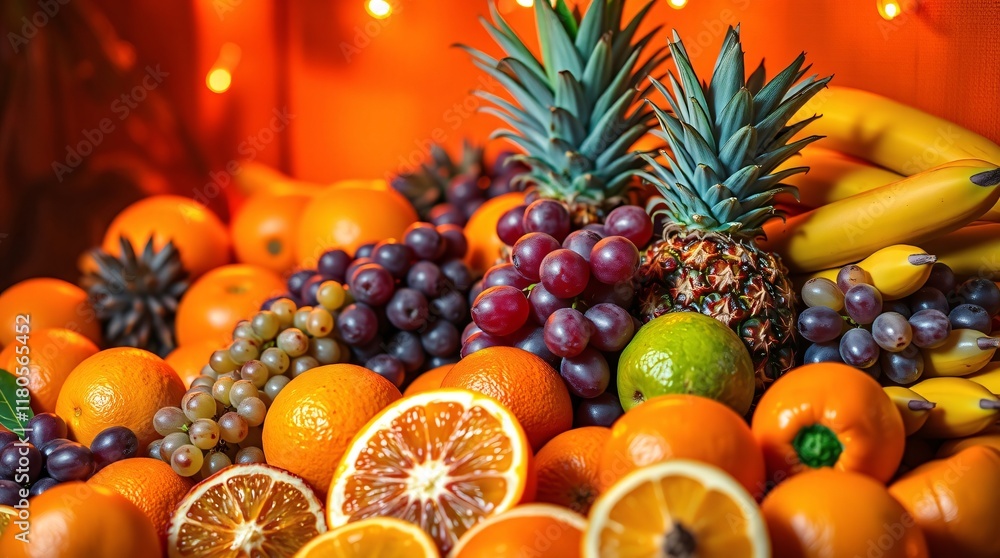 A visually appealing composition featuring a variety of tropical fruits, such as pineapples, bananas, grapes, and oranges, A visually appealing composition featuring a variety of tropical fruits, such as pineapples, bananas, grapes, and oranges,