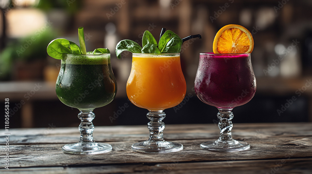 Fototapeta premium Three beautifully arranged fresh juices