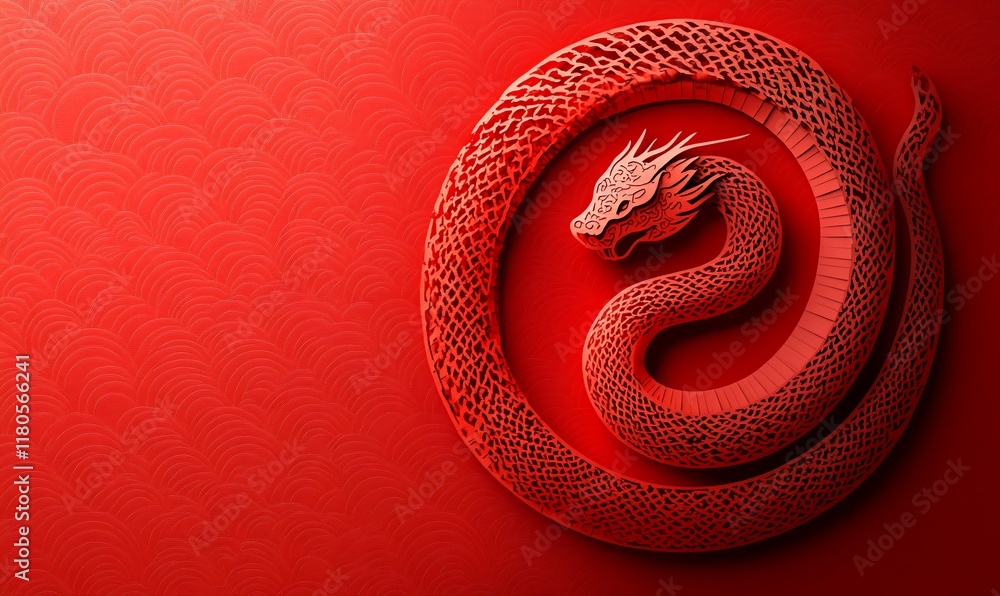Obraz premium Red dragon coiled, abstract pattern background, decorative, digital art, graphic design, possible use in print or web design