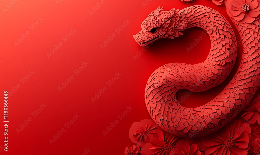 Fototapeta premium Red Dragon, 3D Paper Flowers, Red Background