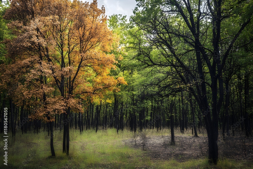 Fototapeta premium Autumn's Golden Embrace: Forest Trees Transitioning Colors Beautifully
