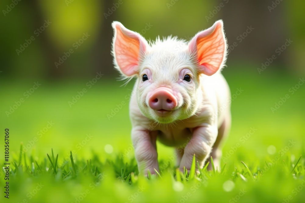 Tiny pink piglet wobbles on spring green grass, spring, green, nature Tiny pink piglet wobbles on spring green grass, spring, green, nature