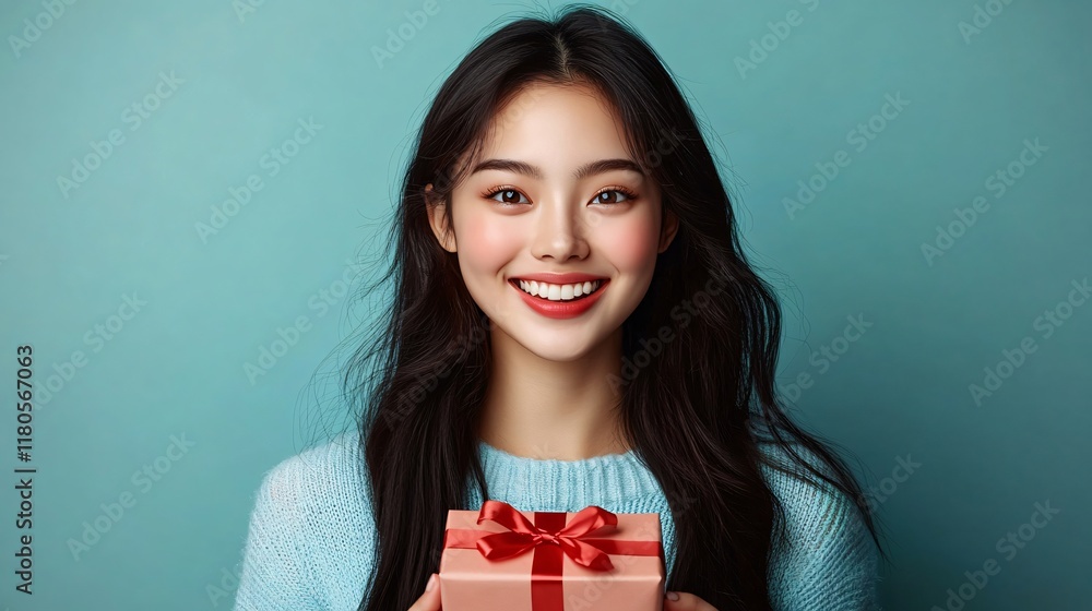 Fototapeta premium A joyful woman in a pink sweater presents a gift against a teal background, perfect for holiday cards, birthday celebrations, or promotional materials.
