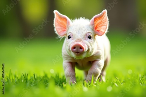 Tiny pink piglet wobbles on spring green grass, spring, green, nature photo