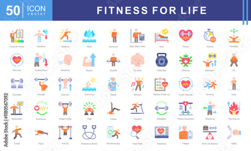 Fitness for Life icon set with exercise, workout, strength, endurance, health, wellness, cardiovascular, muscle and aerobics.