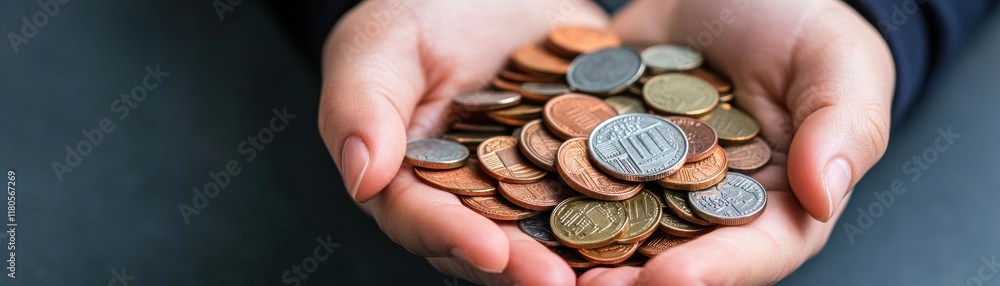 Hands holding assorted coins, symbolizing savings and finance. Hands holding assorted coins, symbolizing savings and finance.
