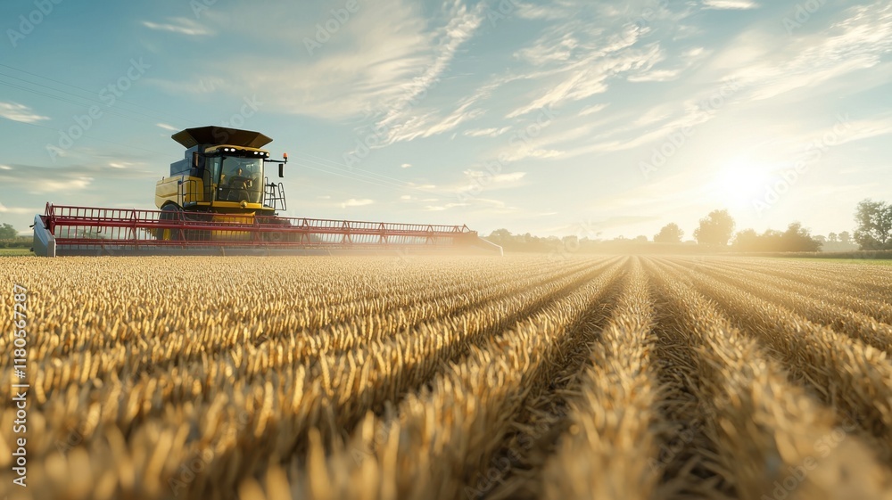 Fototapeta premium Harvesting wheat with a combine on a sunny day.