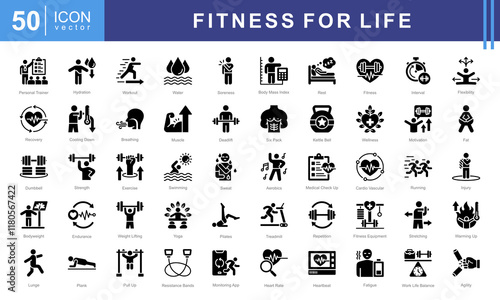 Fitness for Life icon set with exercise, workout, strength, endurance, health, wellness, cardiovascular, muscle and aerobics.