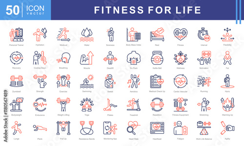 Fitness for Life icon set with exercise, workout, strength, endurance, health, wellness, cardiovascular, muscle and aerobics.
