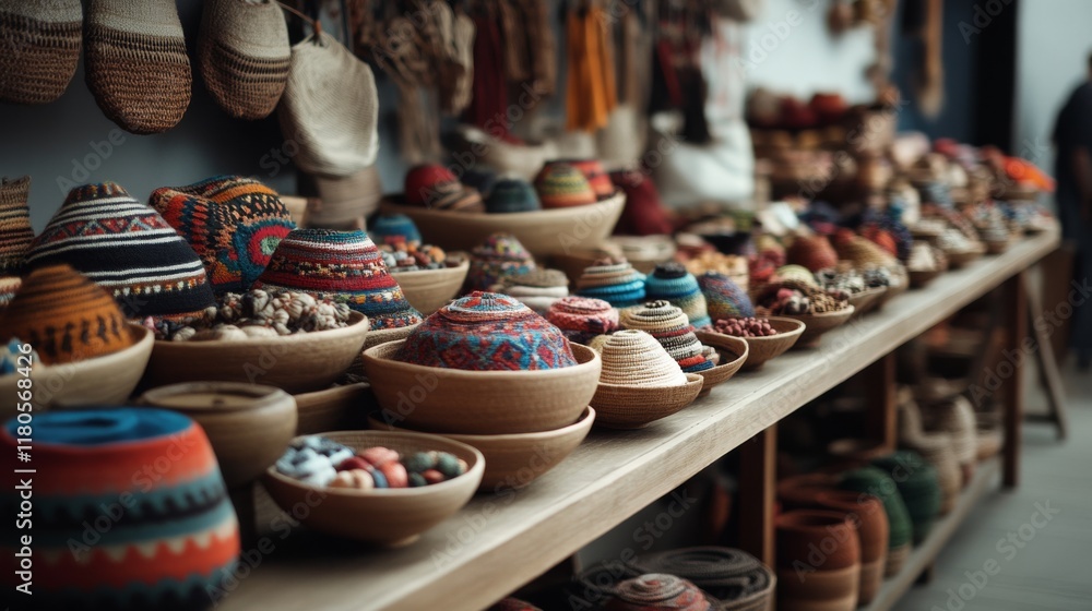 custom made wallpaper toronto digitalA vibrant collection of handwoven baskets and textiles in colorful patterns line a rustic market stall, showcasing traditional craftsmanship.