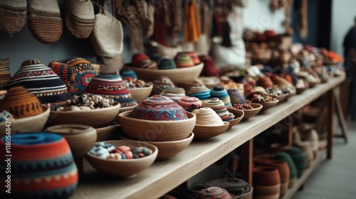Wallpaper Mural A vibrant collection of handwoven baskets and textiles in colorful patterns line a rustic market stall, showcasing traditional craftsmanship. Torontodigital.ca