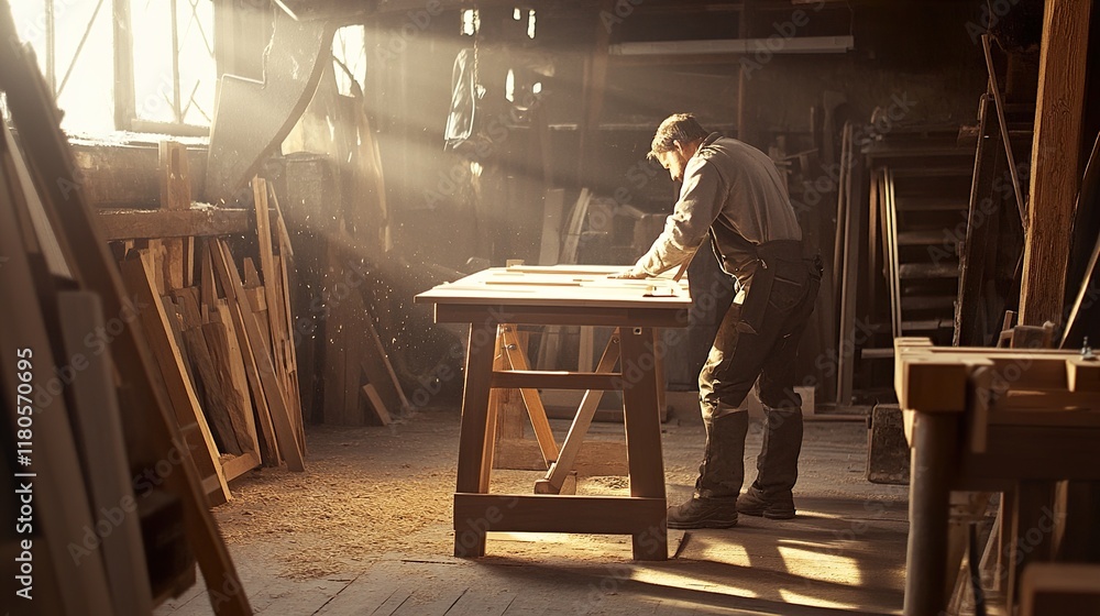 Craftsman at Work in a Dusty Woodworking Workshop Craftsman at Work in a Dusty Woodworking Workshop