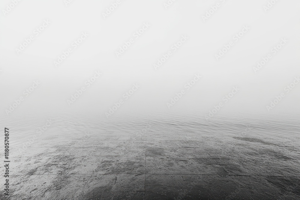 Fototapeta premium Black-and-white fog over a calm ocean. Minimal horizon line and soft gradient sky. Quiet uncertainty and reflection. Ideal for branding headers, posters, and website backgrounds.