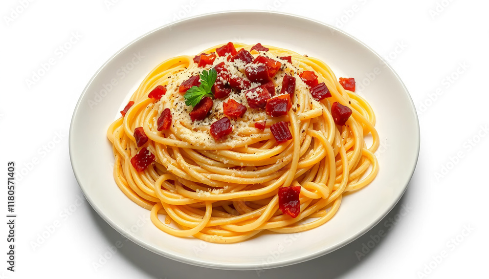 Close-up of a plate of spaghetti carbonara. Close-up of a plate of spaghetti carbonara.