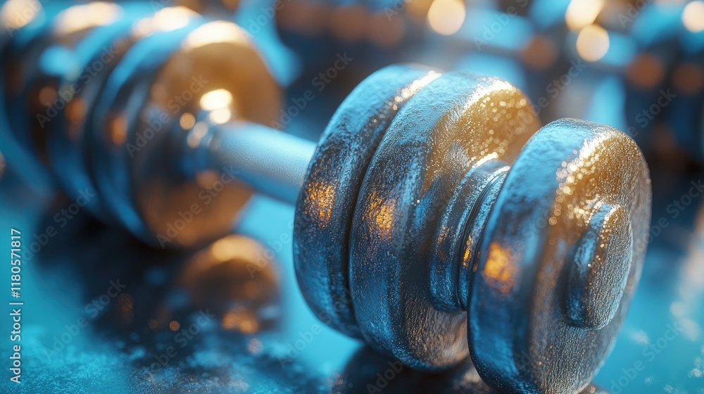 Close-up of a metallic dumbbell, reflecting light, showcasing strength and fitness.