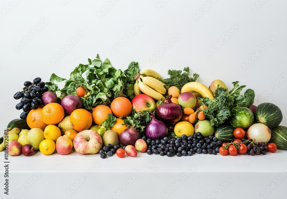 A Vibrant Arrangement of Fresh Fruits and Vegetables Displayed on a White Background, Showcasing the Rich Diversity of Nature’s Harvest and Seasonal Bounty A Vibrant Arrangement of Fresh Fruits and Vegetables Displayed on a White Background, Showcasing the Rich Diversity of Nature’s Harvest and Seasonal Bounty