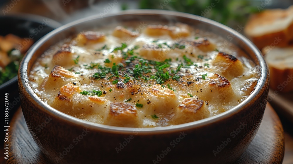 Here's a 10-word (or less) description: Steaming French onion soup, Here's a 10-word (or less) description: Steaming French onion soup,