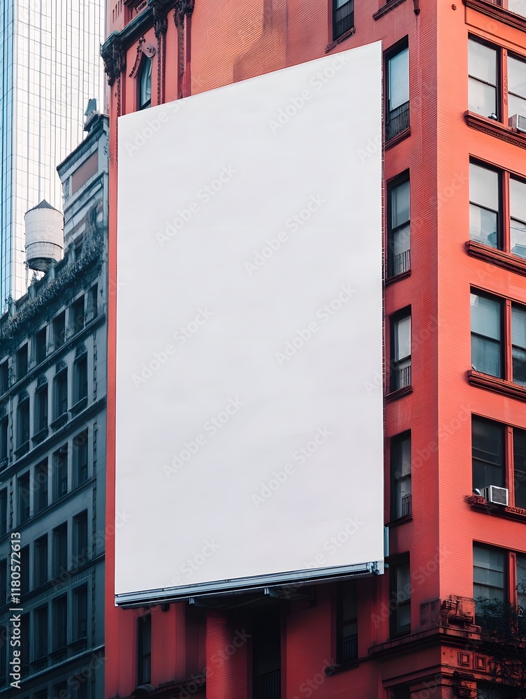Blank Billboard on Red Building in City: Urban Advertising Space Blank Billboard on Red Building in City: Urban Advertising Space