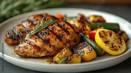 Grilled chicken breasts, rosemary, grilled vegetables.