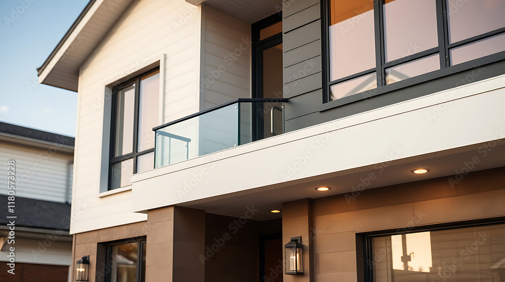 Modern House Exterior with Balcony and Large Windows Modern House Exterior with Balcony and Large Windows
