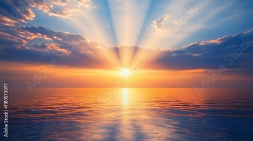 Ocean sunset, sun rays, cloudscape, peaceful scene, nature background