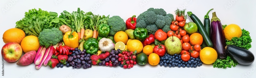 Colorful Arrangement of Fresh Fruits and Vegetables Showcasing a Variety of Textures, Shapes, and Vibrant Colors on a White Background Colorful Arrangement of Fresh Fruits and Vegetables Showcasing a Variety of Textures, Shapes, and Vibrant Colors on a White Background