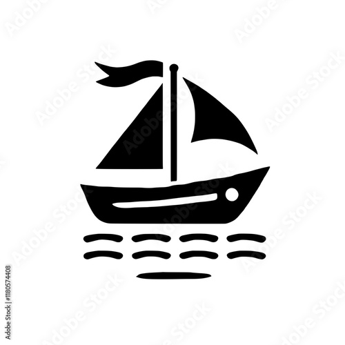 Sailboat Icon: A simple and elegant black silhouette of a sailboat with a flag, navigating on wavy water. Perfect for nautical themes, travel, adventure. photo