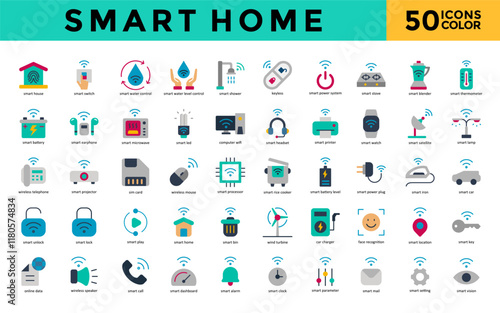 Smart Home icons set with smart house, smart switch, smart water control, smart water level control, smart shower, keyless, smart power system, smart stove icon. Simple flat color vector 
