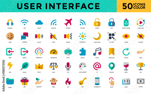 User Interface icons set with pen, headset, cloud, airplane, unlock, lock, power saving, smart view icon. Simple flat color vector 

