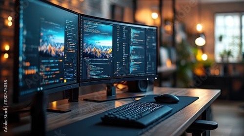 Wallpaper Mural Triple monitor coding setup, keyboard, mouse. Torontodigital.ca