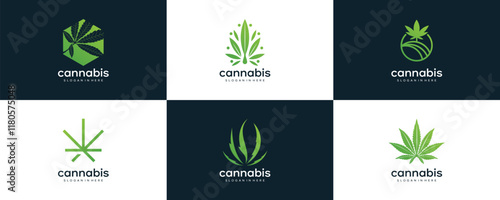 Abstact Cannabis Marijuana Hemp Pot Weed Leaf Silhouettes Vector Logo Design