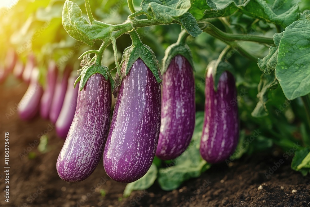 Purple eggplants ripening on plant, garden soil. Purple eggplants ripening on plant, garden soil.