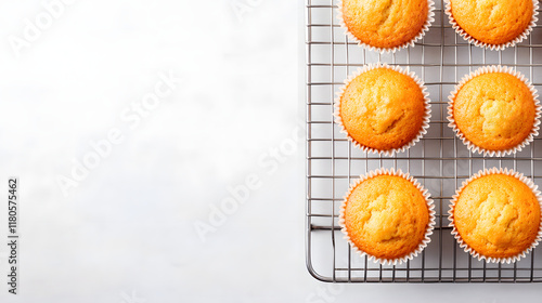 Freshly baked muffins displayed on wire rack, golden and fluffy, perfect for breakfast or snack
