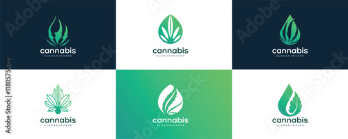 Abstract Cannabis Marijuana CBD leaves with droplet, logo design collection. leaf ornament logo and icon set. 