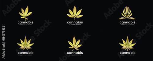 Gold Cannabis Marijuana CBD leaves isolated icon set of collection vector logo design, Luxury Growing medical marijuana.
