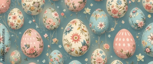 Festive floral patterned easter eggs on blue background