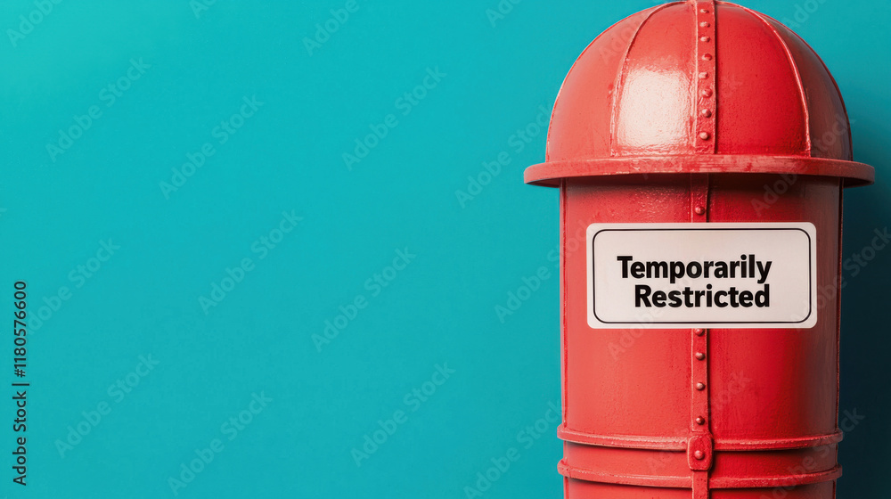 Travel restrictions policy concept, Red ticket booth with sign indicating temporarily restricted access Travel restrictions policy concept, Red ticket booth with sign indicating temporarily restricted access