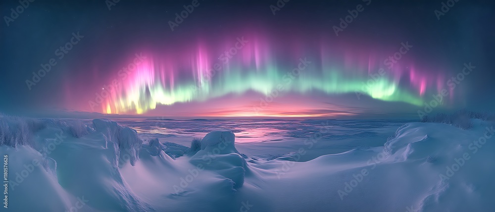 Fototapeta premium Arctic aurora borealis over snowy landscape.