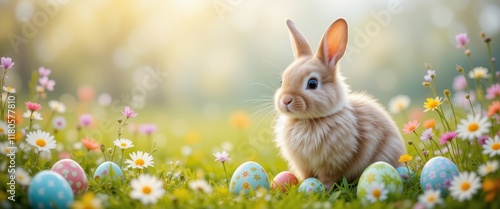 Adorable bunny in vibrant spring meadow surrounded by colorful easter eggs