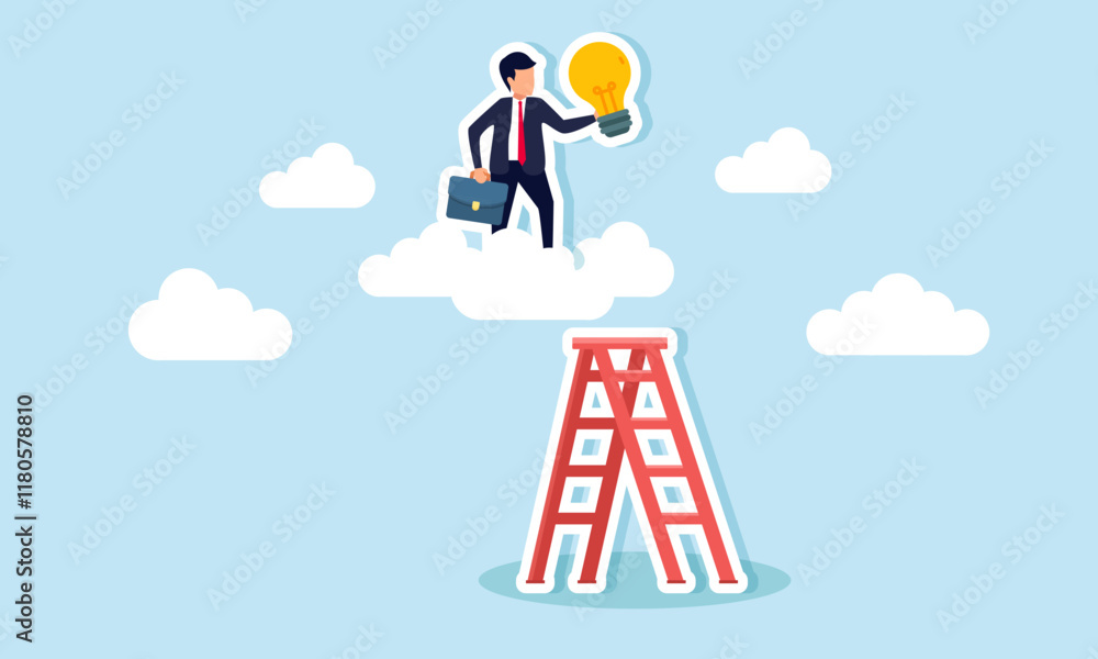 A businessman carrying a lamp climbs a cloud using a ladder, illustration of efforts in gaining creativity, ideas, and business innovation A businessman carrying a lamp climbs a cloud using a ladder, illustration of efforts in gaining creativity, ideas, and business innovation