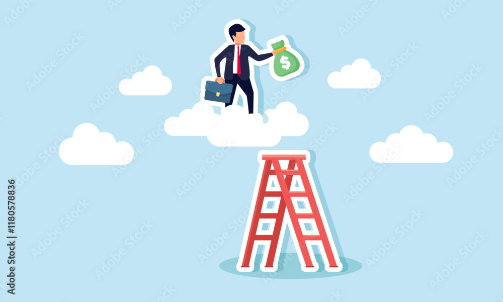Fototapeta premium A businessman carrying a money bag climbs a cloud using a ladder, illustration of efforts in achieving business revenue and profit