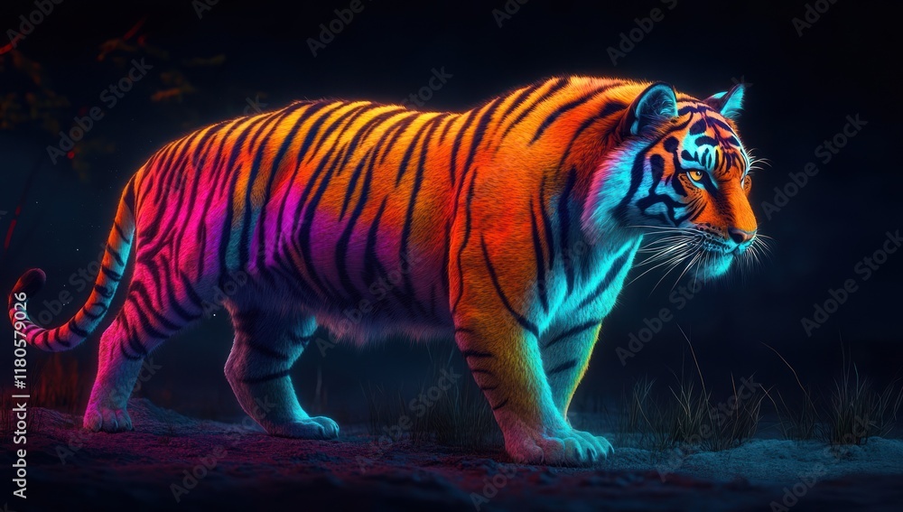 Fototapeta premium Neon Tiger in a Dark Forest