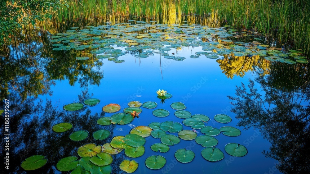 Serene pond with water lilies and reflections. Serene pond with water lilies and reflections.