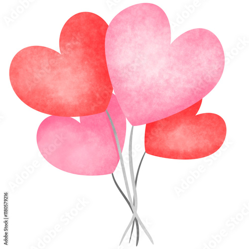 Watercolor painting of red and pink  heart shaped balloons